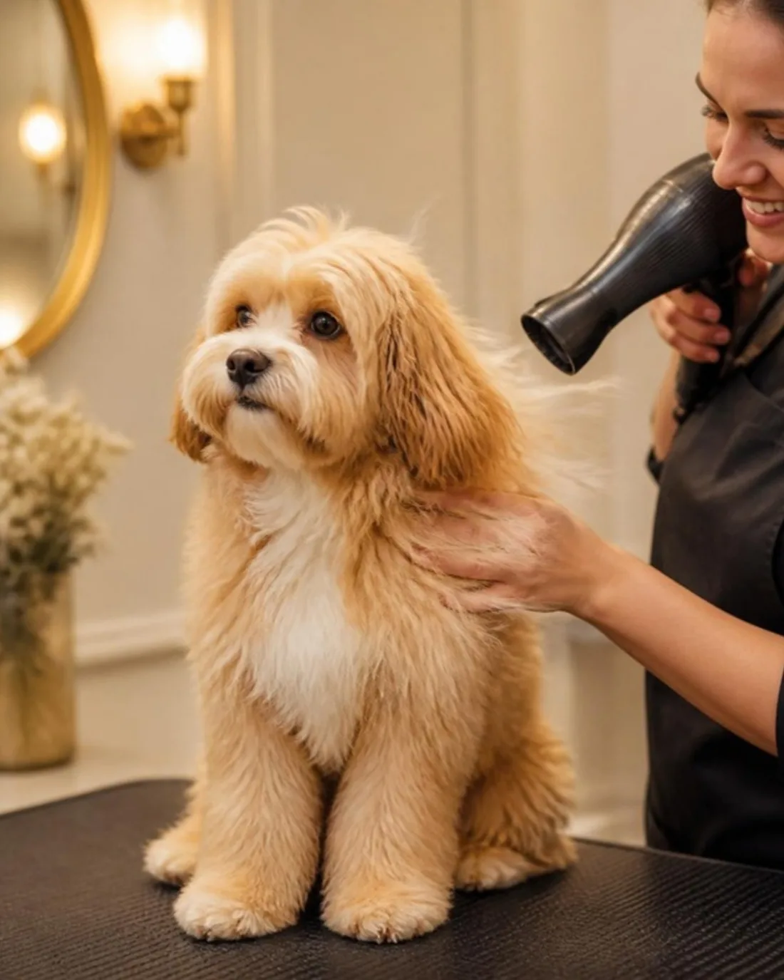 Groomer fluff drying a cavapoo