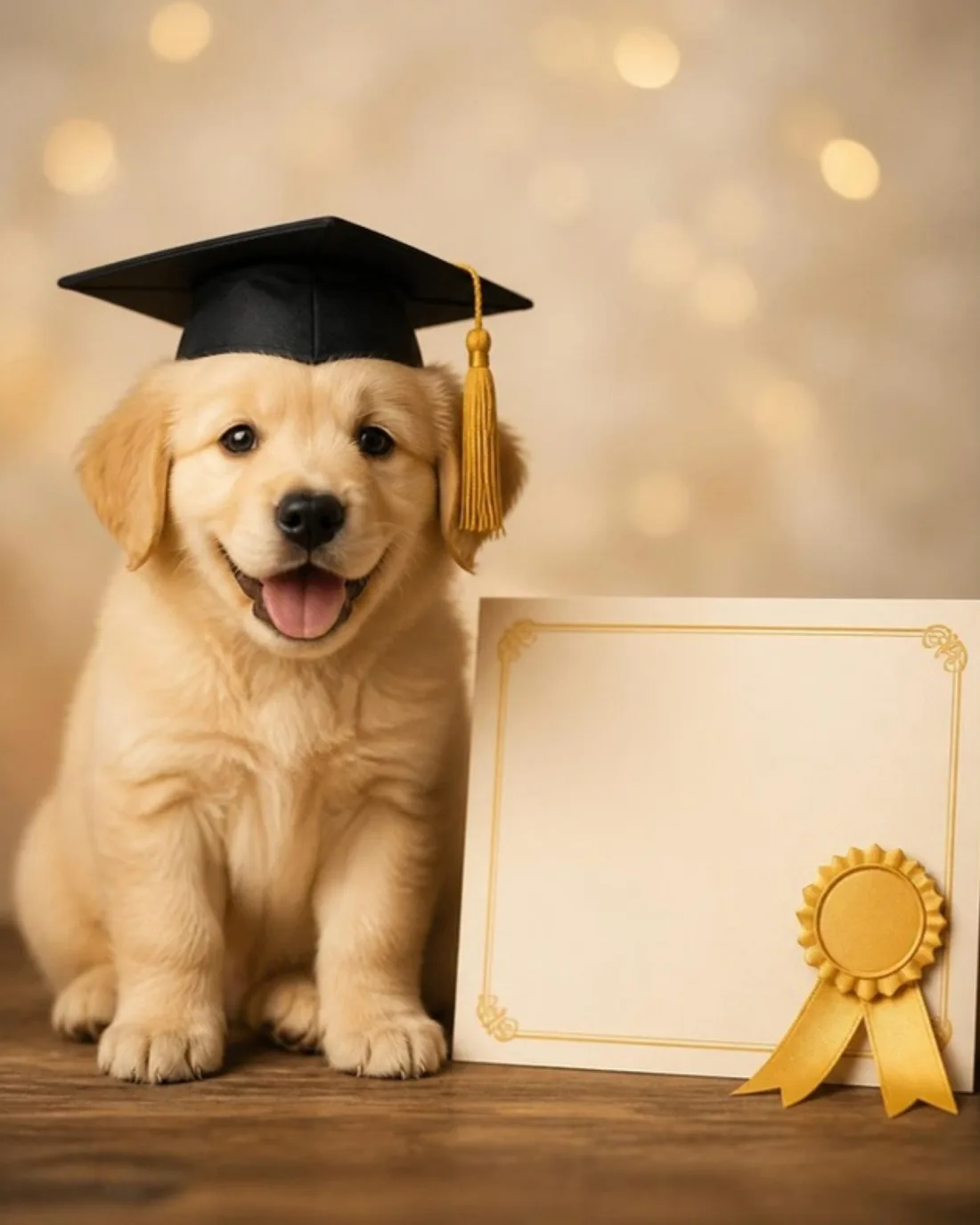 Puppy in a graduation cap beside a certificate