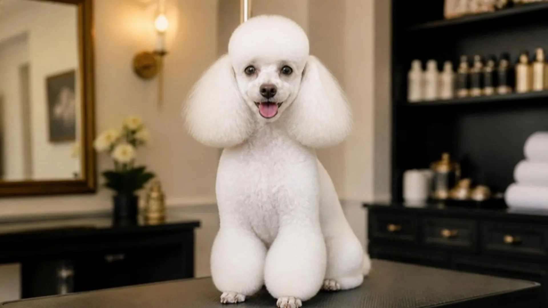 Freshly groomed white poodle in the Furry Tails salon