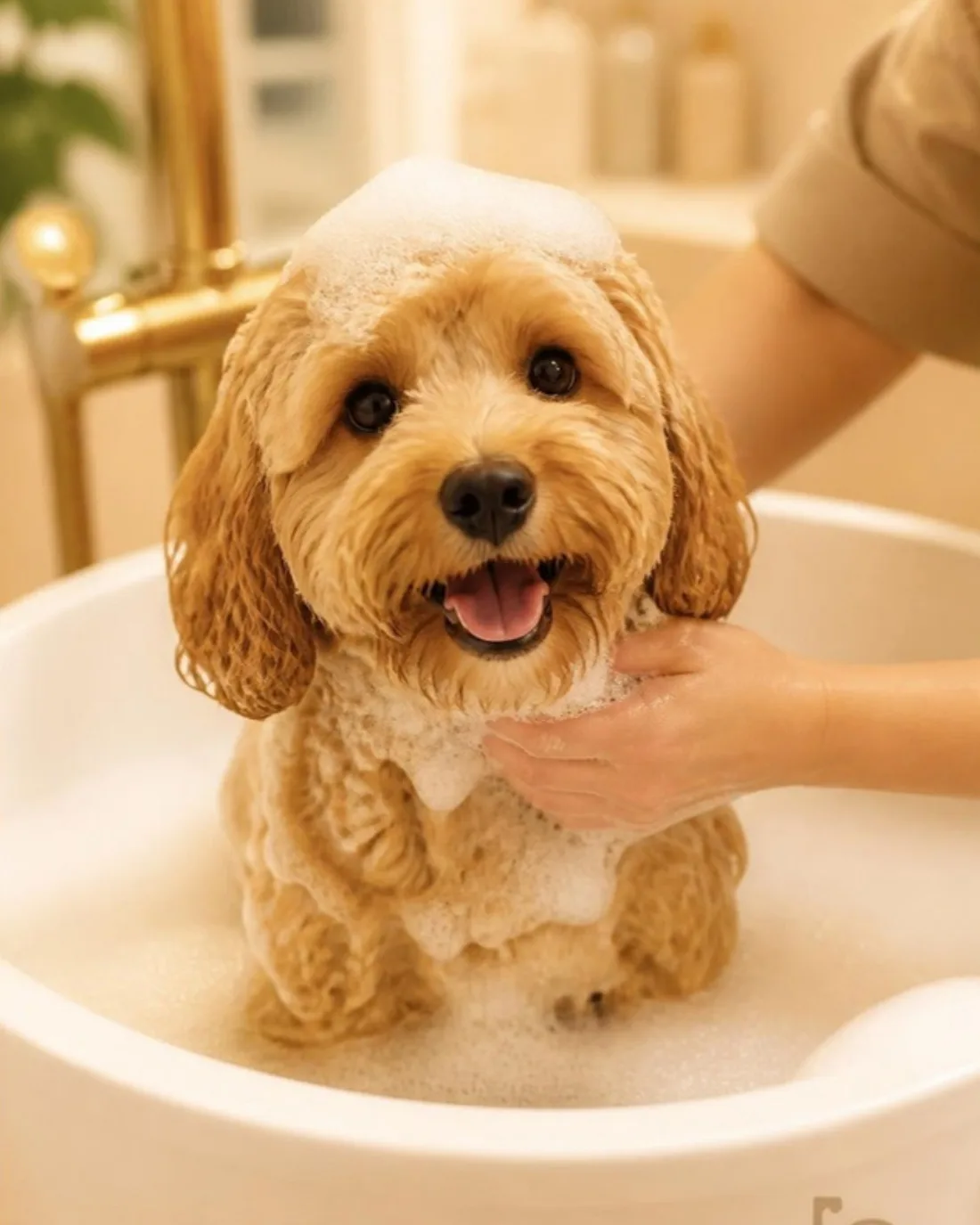 Cockapoo puppy in a warm bubble bath