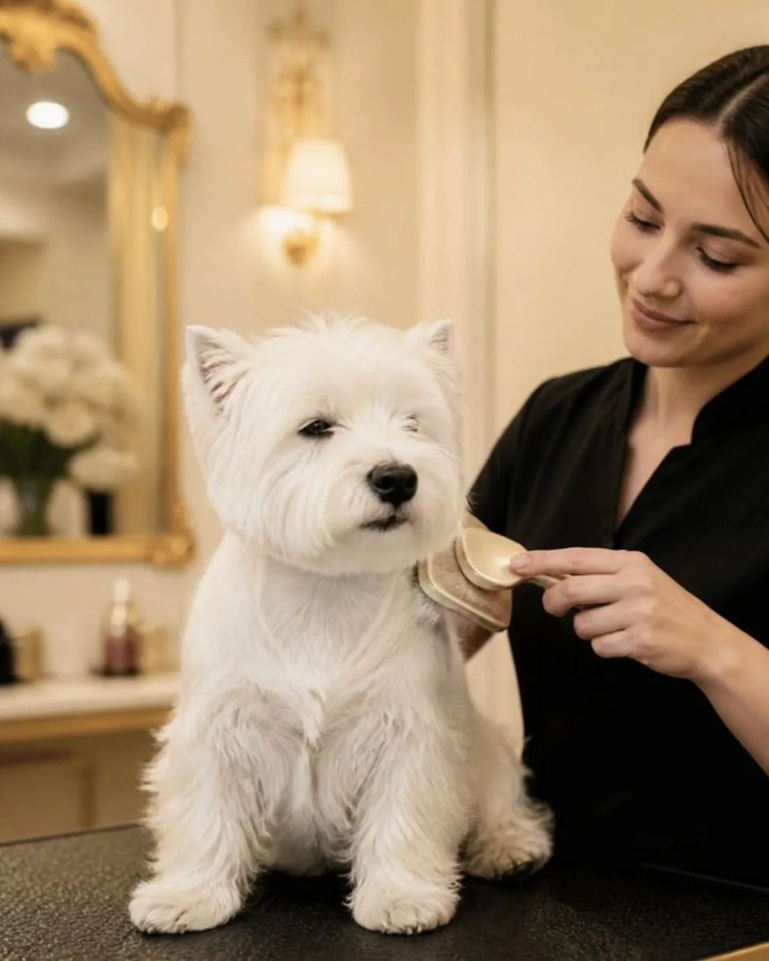 Groomer gently brushing a senior westie